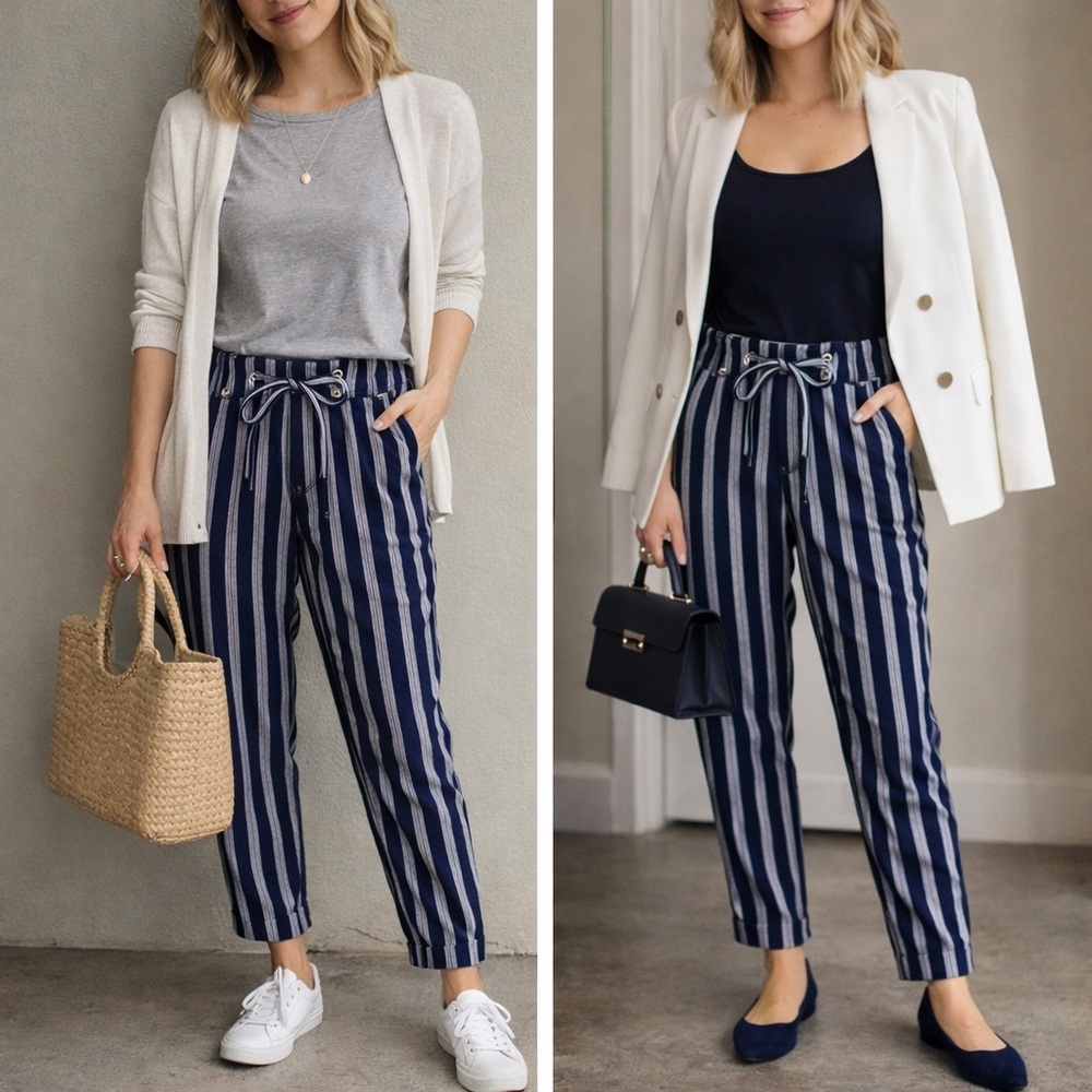 Free People Striped Navy and Gray Trousers